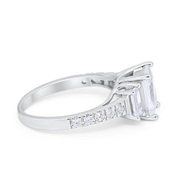 Emerald Cut Engagement Ring Round Simulated CZ 925 Sterling Silver